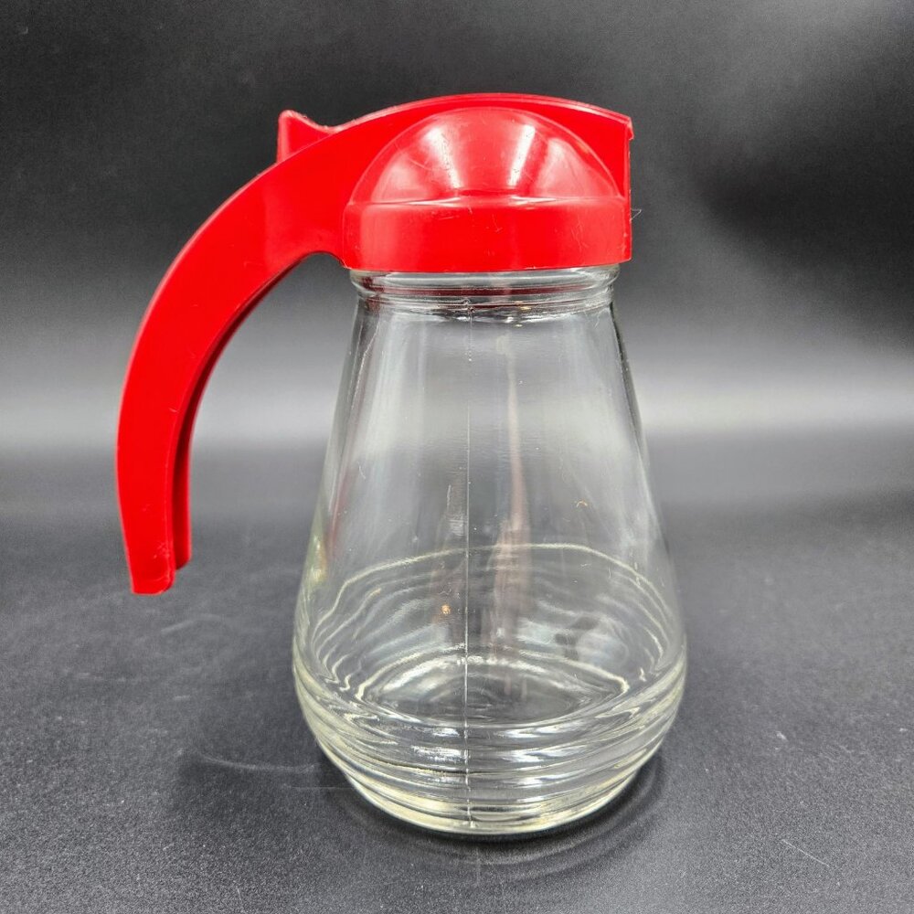 Vintage Androck Canada Syrup Pitcher Red Lid Restaurant Ware Glass Plastic Read